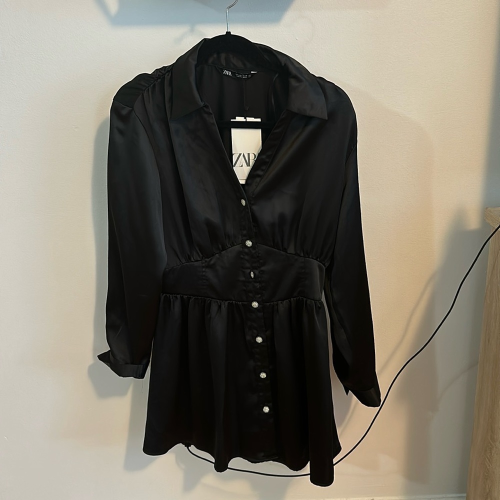 Zara long sleeve black dress with rhinestone buttons